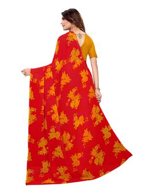 Red printed georgette saree with blouse 4
