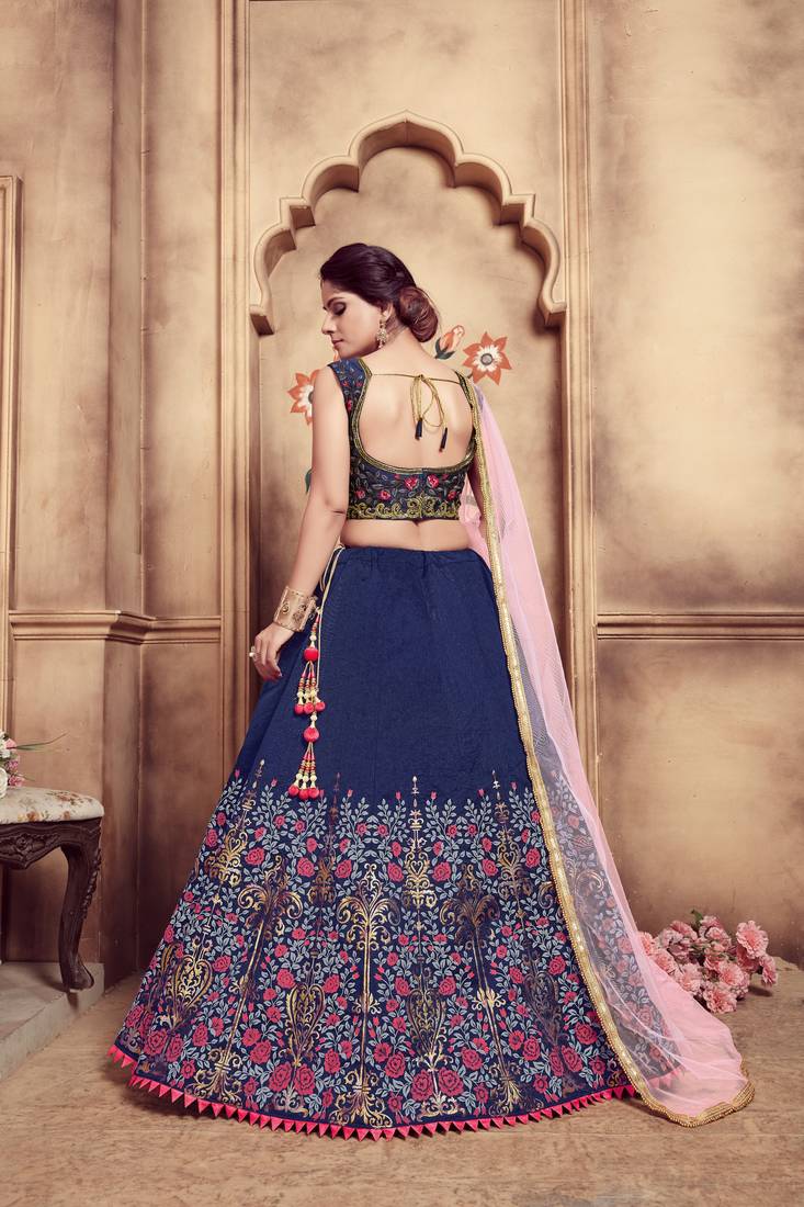 Blue Embroidered Silk Blend Semi Stitched Lehenga Choli