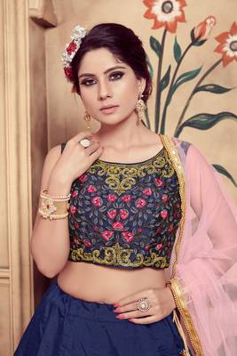 Blue Embroidered Silk Blend Semi Stitched Lehenga Choli 3