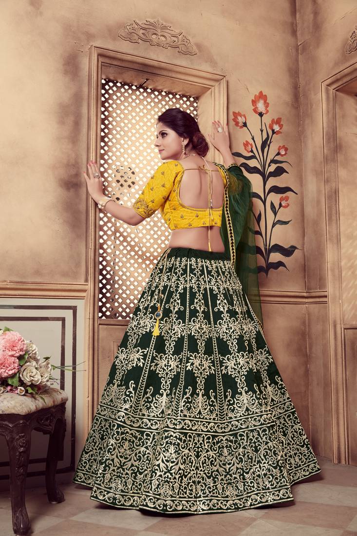 Green Embroidered Silk Blend Semi Stitched Lehenga Choli