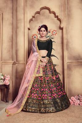Black Embroidered Silk Blend Semi Stitched Lehenga Choli 1