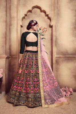 Black Embroidered Silk Blend Semi Stitched Lehenga Choli 2