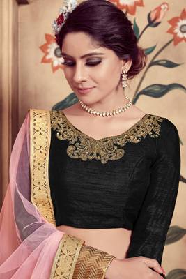 Black Embroidered Silk Blend Semi Stitched Lehenga Choli 3