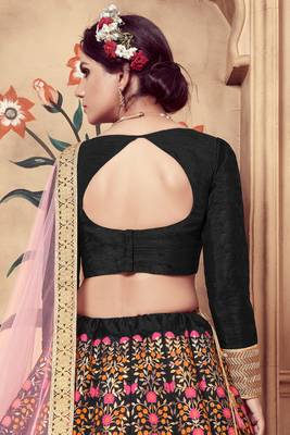 Black Embroidered Silk Blend Semi Stitched Lehenga Choli 4