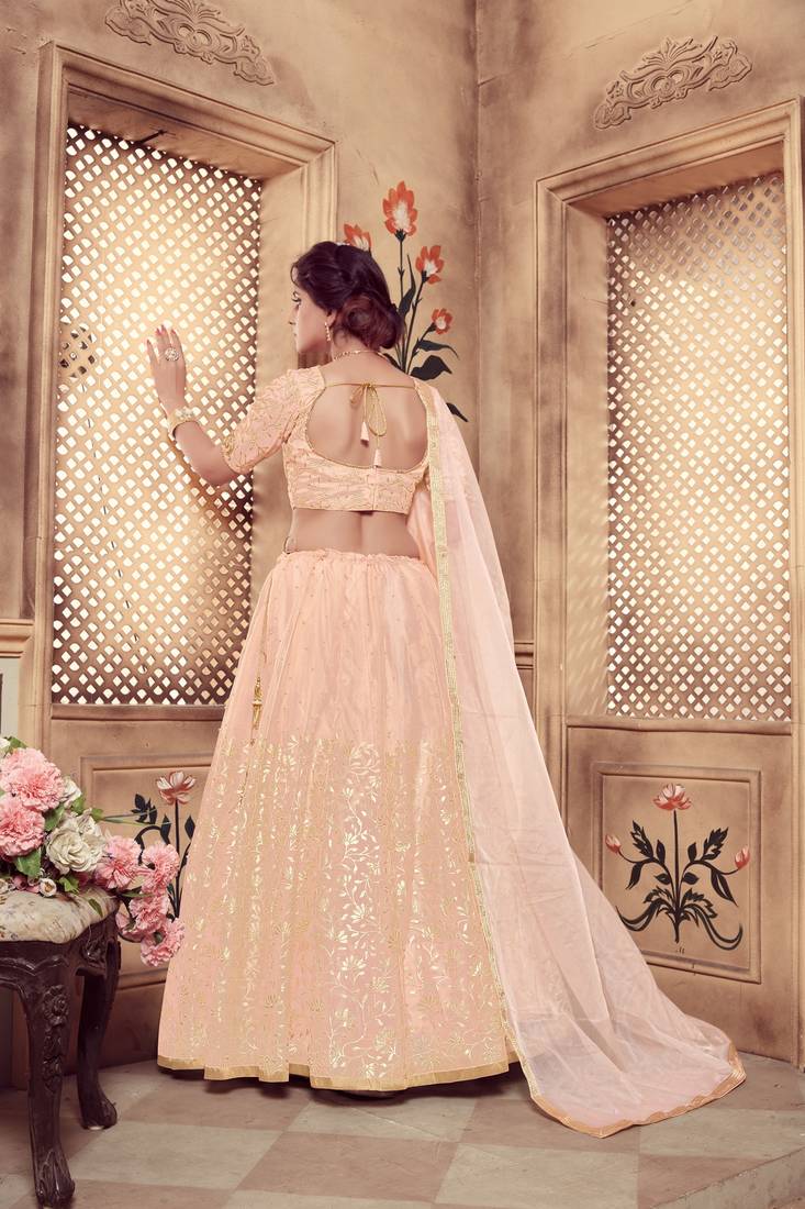 Peach Embroidered Georgette Semi Stitched Lehenga Choli