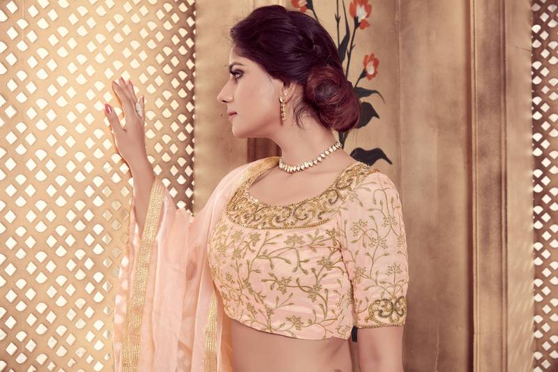 Peach Embroidered Georgette Semi Stitched Lehenga Choli