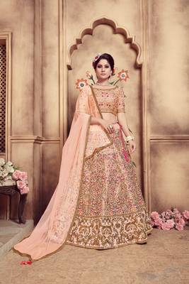 Peach Foil Printed Lehenga With Embroidery Work Blouse Silk Blend Semi Stitched Lehenga Choli 1