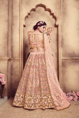 Peach Foil Printed Lehenga With Embroidery Work Blouse Silk Blend Semi Stitched Lehenga Choli 2