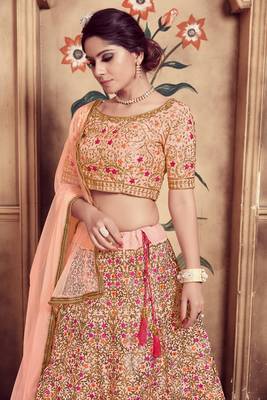 Peach Foil Printed Lehenga With Embroidery Work Blouse Silk Blend Semi Stitched Lehenga Choli 3