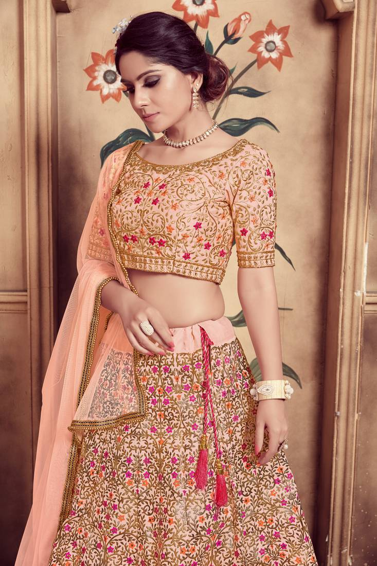 Peach Foil Printed Lehenga With Embroidery Work Blouse Silk Blend Semi Stitched Lehenga Choli