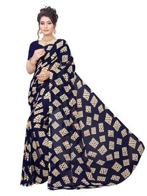 Navy blue printed georgette saree with blouse 1