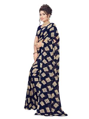 Navy blue printed georgette saree with blouse 2