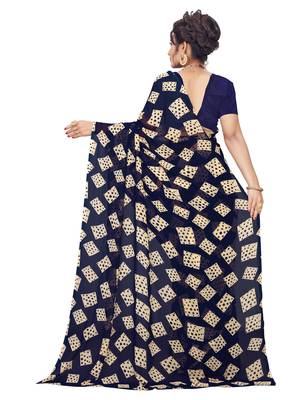 Navy blue printed georgette saree with blouse 3
