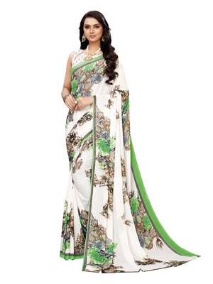 White Printed Georgette Saree With Blouse 1