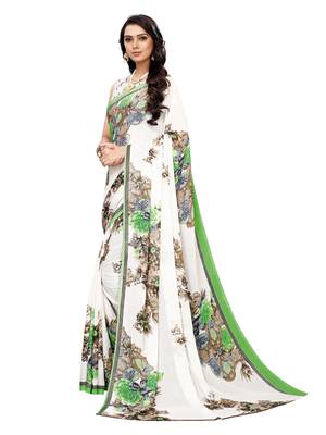 White Printed Georgette Saree With Blouse 2