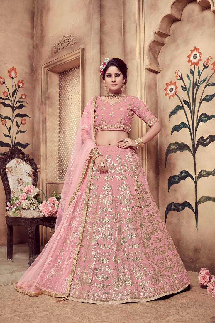 pink embroidered silk blend semi stitched lehenga choli
