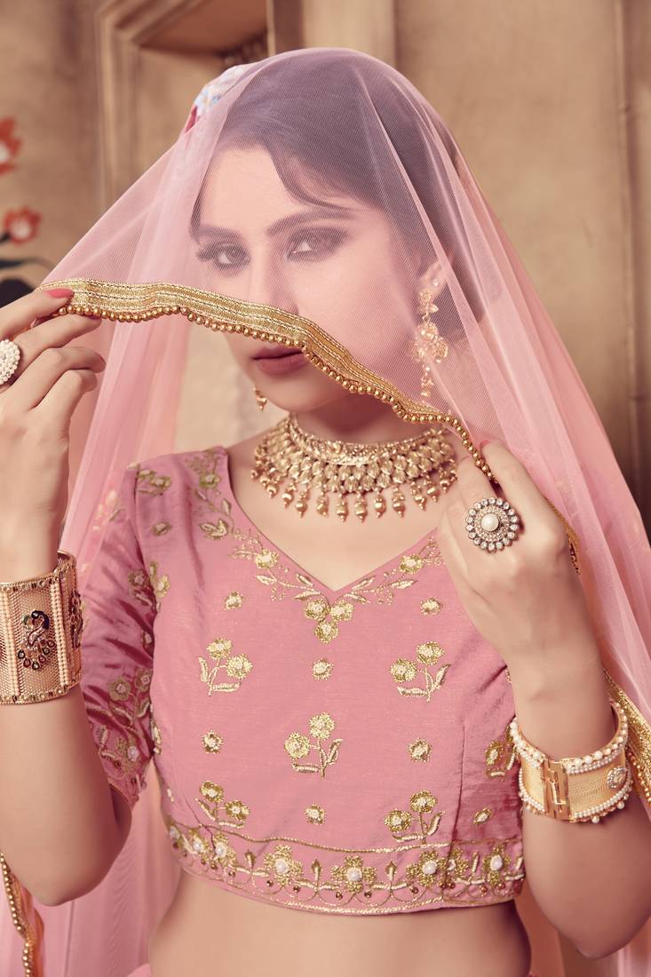 pink embroidered silk blend semi stitched lehenga choli