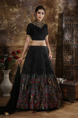 Black Embroidered Silk Blend Semi Stitched Lehenga Choli 1