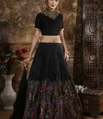 Black Embroidered Silk Blend Semi Stitched Lehenga Choli