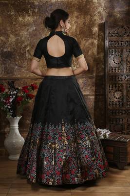 Black Embroidered Silk Blend Semi Stitched Lehenga Choli 2