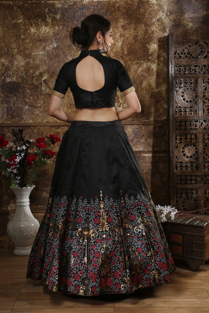 Black Embroidered Silk Blend Semi Stitched Lehenga Choli