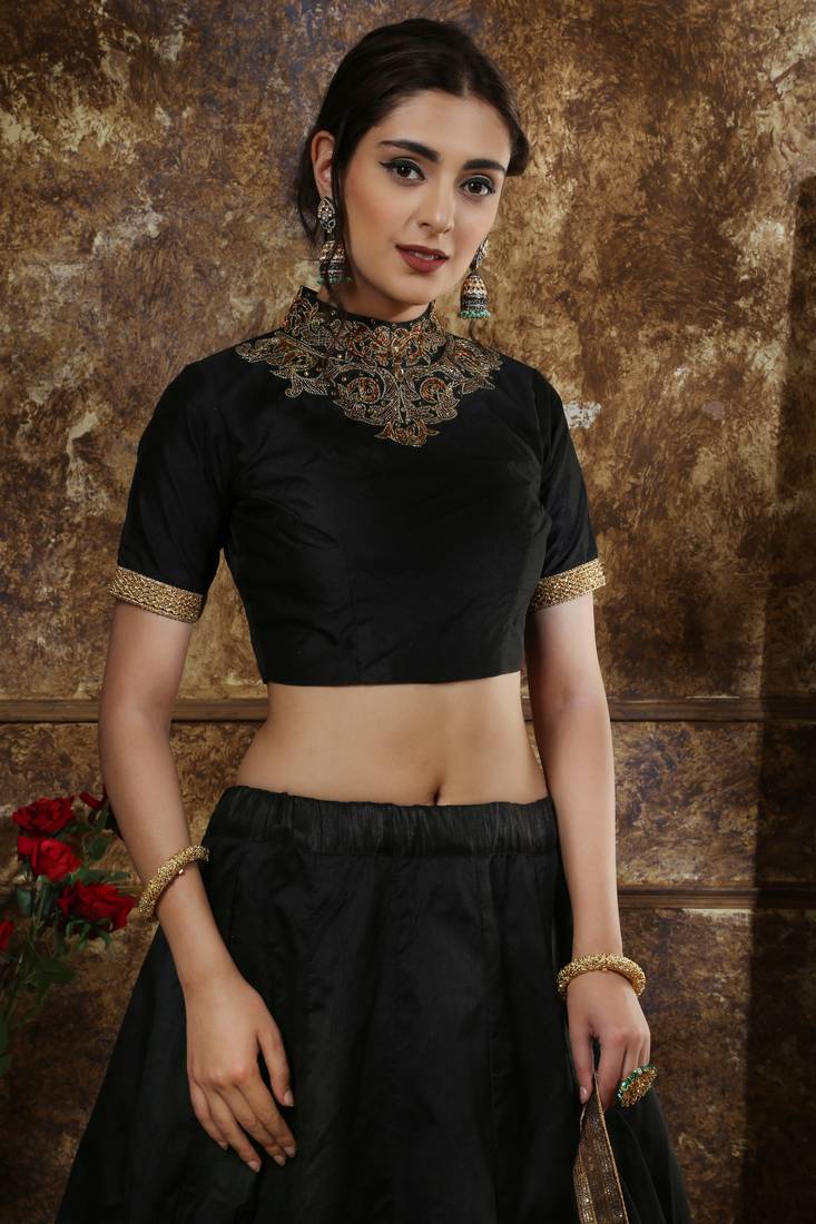 Black Embroidered Silk Blend Semi Stitched Lehenga Choli