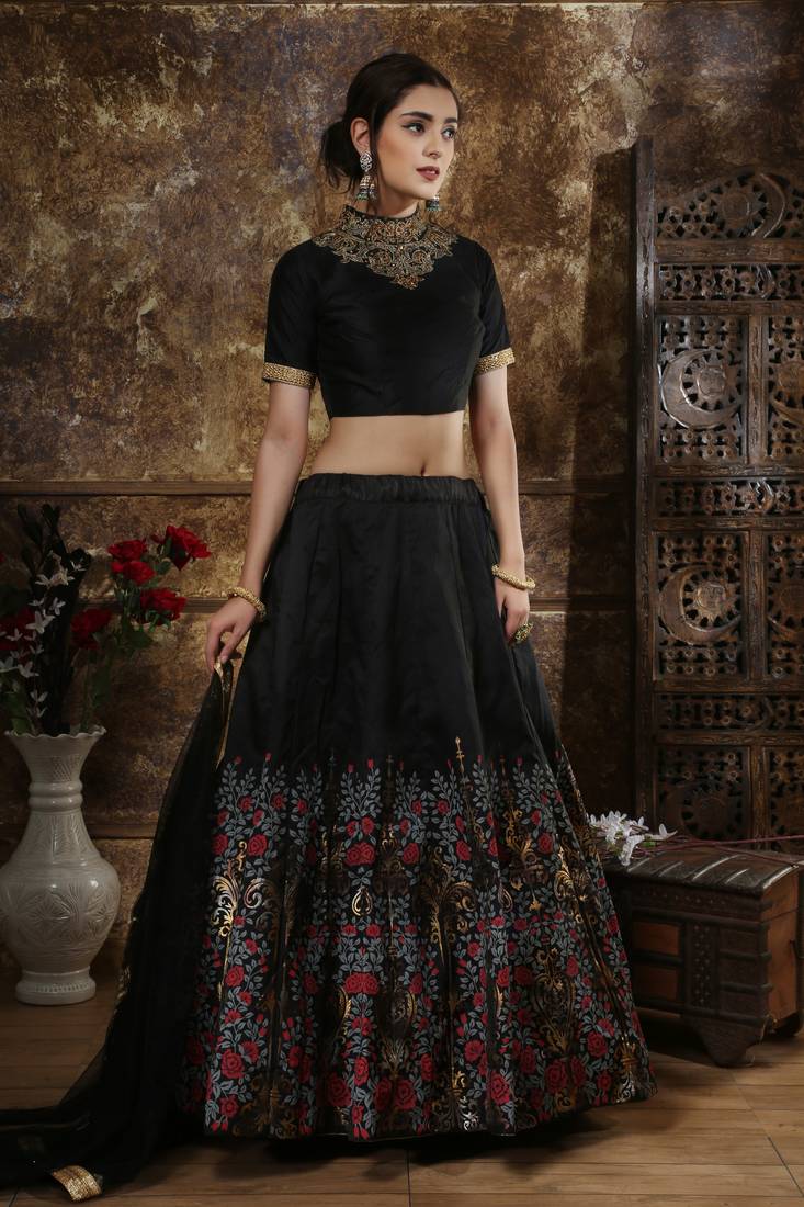 Black Embroidered Silk Blend Semi Stitched Lehenga Choli