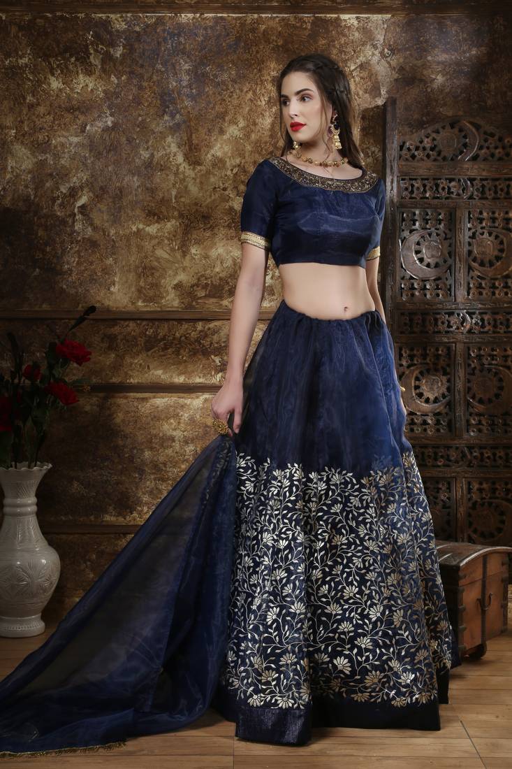 Blue Embroidered Organza Semi Stitched Lehenga Choli