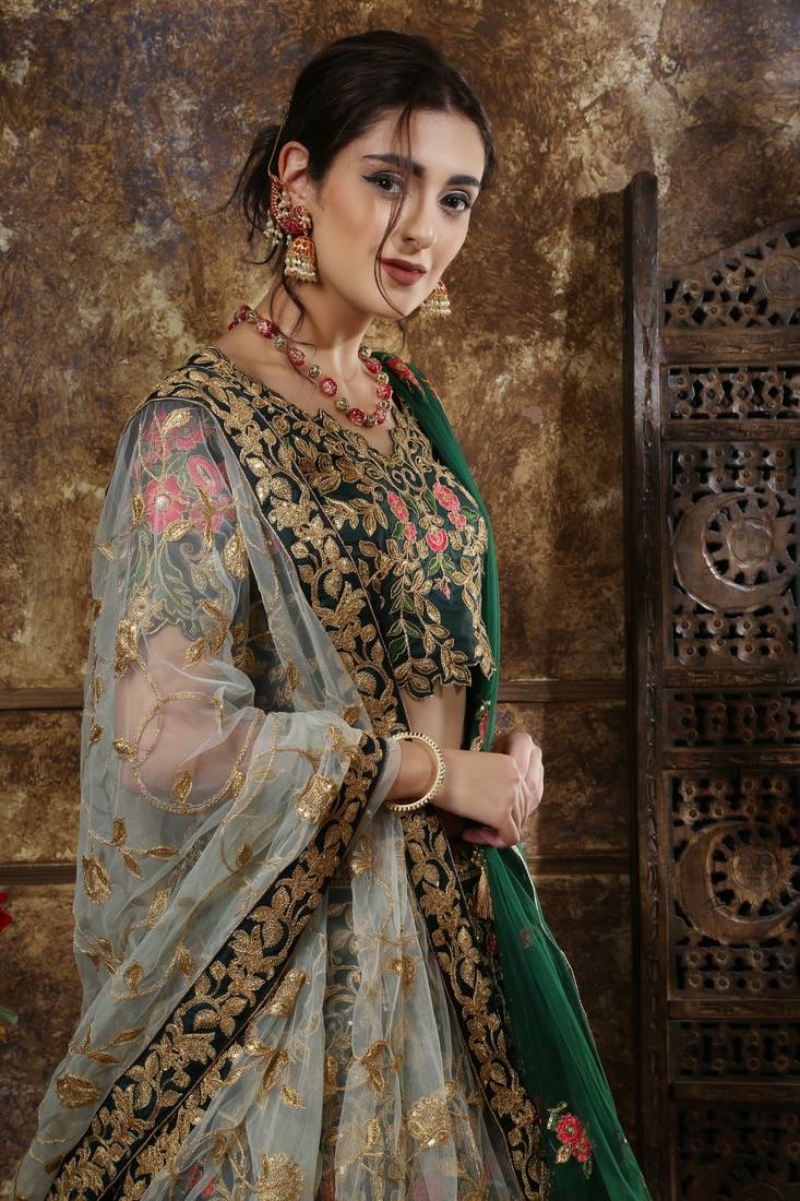Green Embroidered Silk Blend Semi Stitched Lehenga Choli with double dupatta