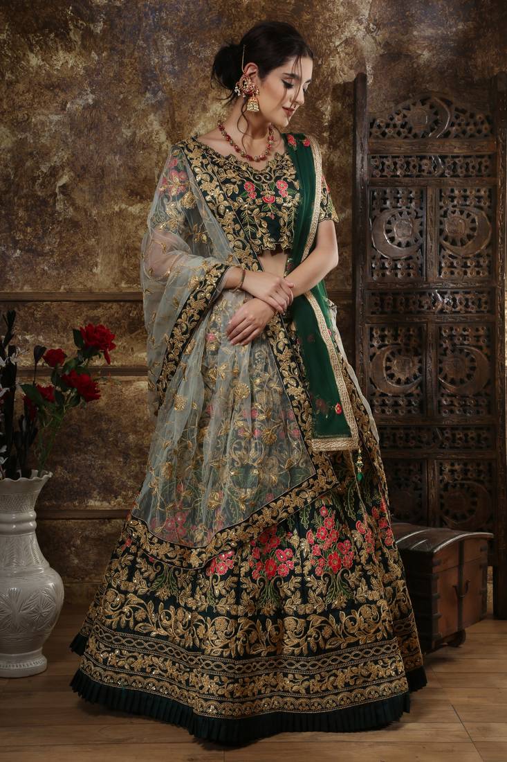 Green Embroidered Silk Blend Semi Stitched Lehenga Choli with double dupatta