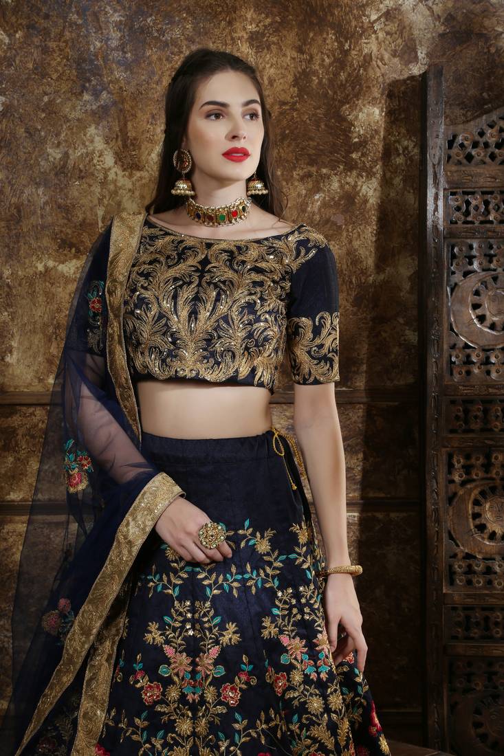 Blue Embroidered Silk Blend Semi Stitched Lehenga Choli