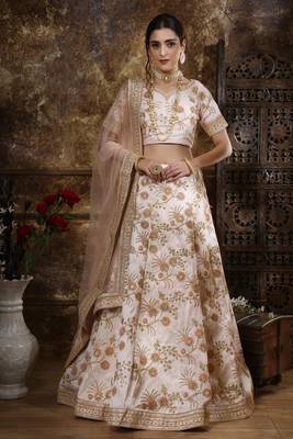 Peach Embroidered Silk Blend Semi Stitched Lehenga Choli 1