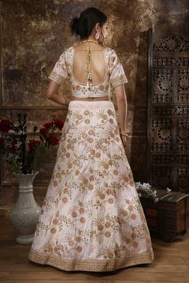 Peach Embroidered Silk Blend Semi Stitched Lehenga Choli 2
