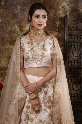 Peach Embroidered Silk Blend Semi Stitched Lehenga Choli 3