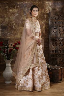 Peach Embroidered Silk Blend Semi Stitched Lehenga Choli 4