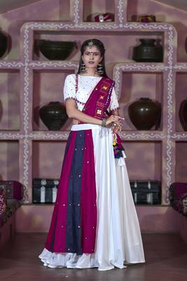 White Embroidered Cotton Indian Traditional Navratri Dandiya Raas Garba Festival Function Semi Stitched Lehenga Choli 1