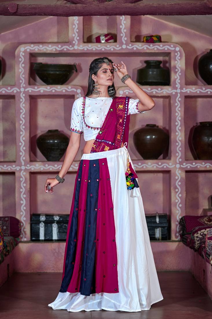 White Embroidered Cotton Indian Traditional Navratri Dandiya Raas Garba Festival Function Semi Stitched Lehenga Choli