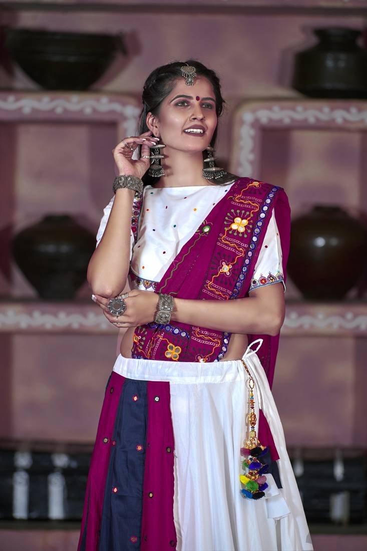 White Embroidered Cotton Indian Traditional Navratri Dandiya Raas Garba Festival Function Semi Stitched Lehenga Choli