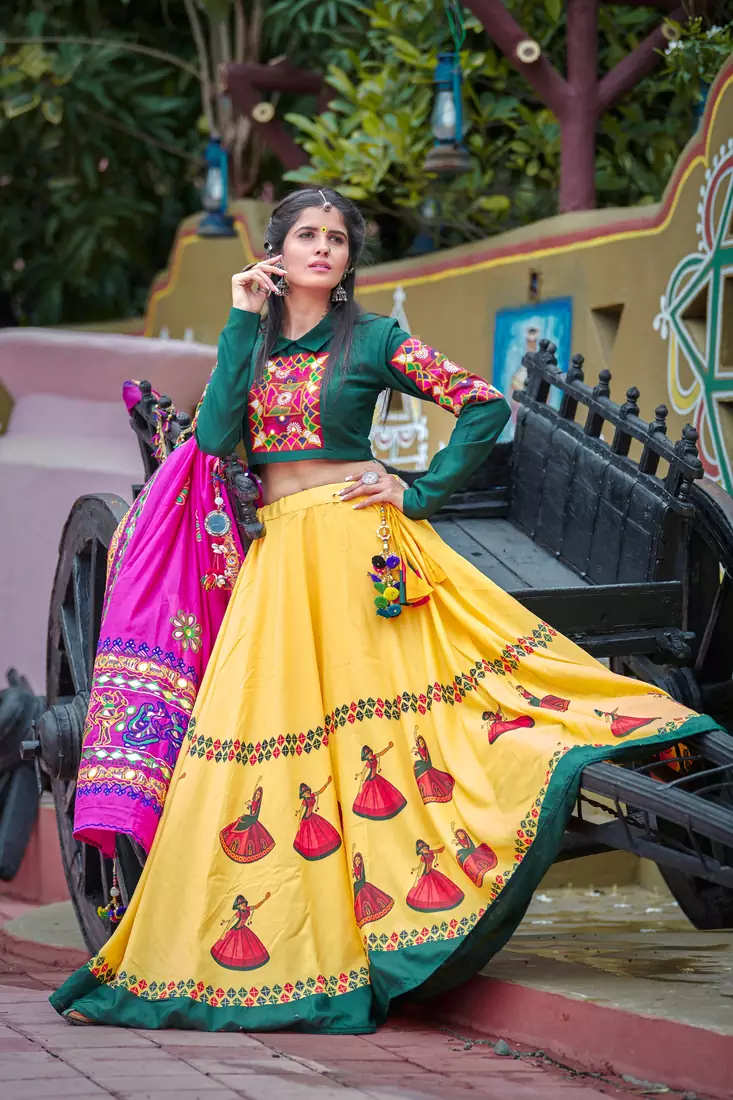 Yellow Embroidered Cotton Indian Traditional Navratri Dandiya Raas Garba Festival Function Semi Stitched Lehenga Choli
