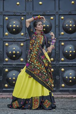 Green Embroidered Cotton Indian Traditional Navratri Dandiya Raas Garba Festival Function Semi Stitched Lehenga Choli 1