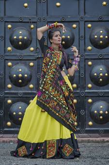 Green Embroidered Cotton Indian Traditional Navratri Dandiya Raas Garba Festival Function Semi Stitched Lehenga Choli