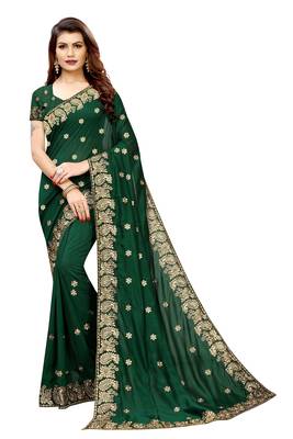Dark Green Vichitra Silk Embriodered Saree With Blouse Piece. 2