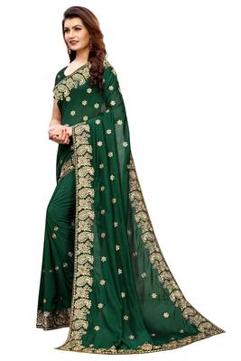 Dark Green Vichitra Silk Embriodered Saree With Blouse Piece. 3