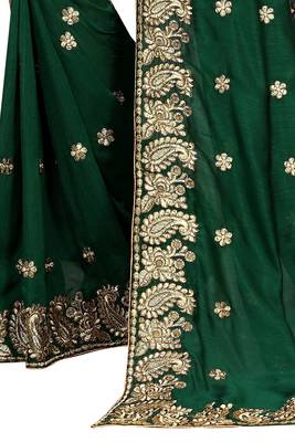 Dark Green Vichitra Silk Embriodered Saree With Blouse Piece. 4