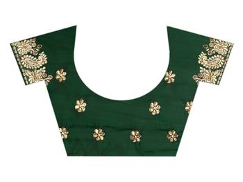 Dark Green Vichitra Silk Embriodered Saree With Blouse Piece. 5