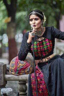 Black Embroidered Cotton Indian Traditional Navratri Dandiya Raas Garba Festival Function Semi Stitched Lehenga Choli 2