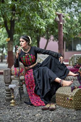 Black Embroidered Cotton Indian Traditional Navratri Dandiya Raas Garba Festival Function Semi Stitched Lehenga Choli 3