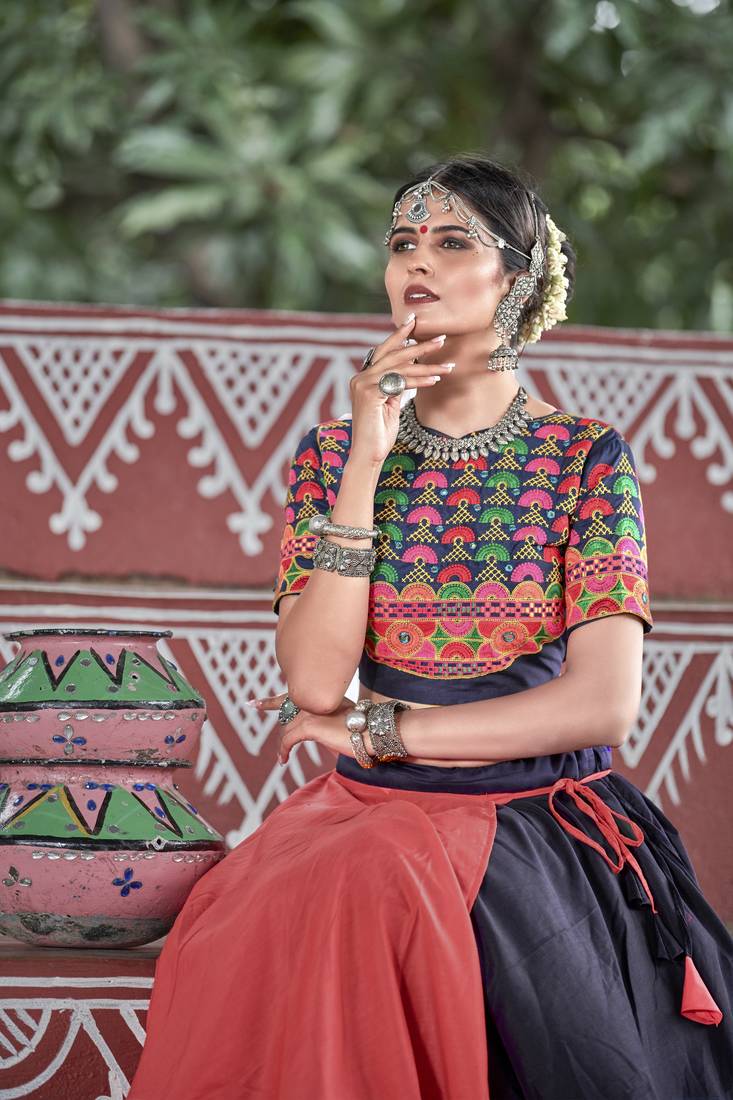 Blue Embroidered Cotton Indian Traditional Navratri Dandiya Raas Garba Festival Function Semi Stitched Lehenga Choli