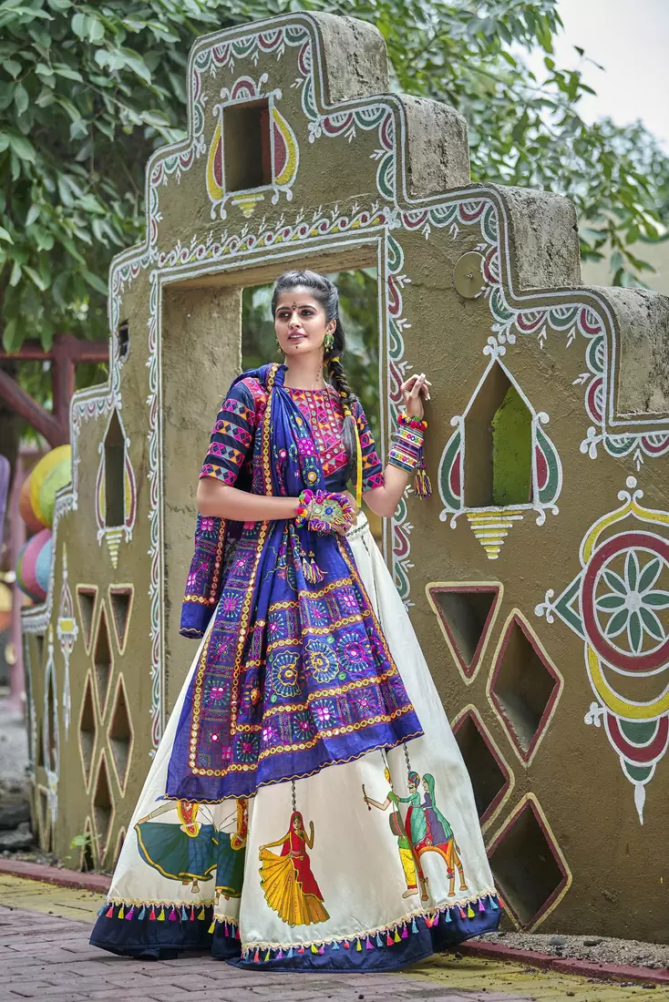Off White Embroidered Cotton Traditional Navratri Dandiya Raas Garba Festival Function Semi Stitched Lehenga Choli