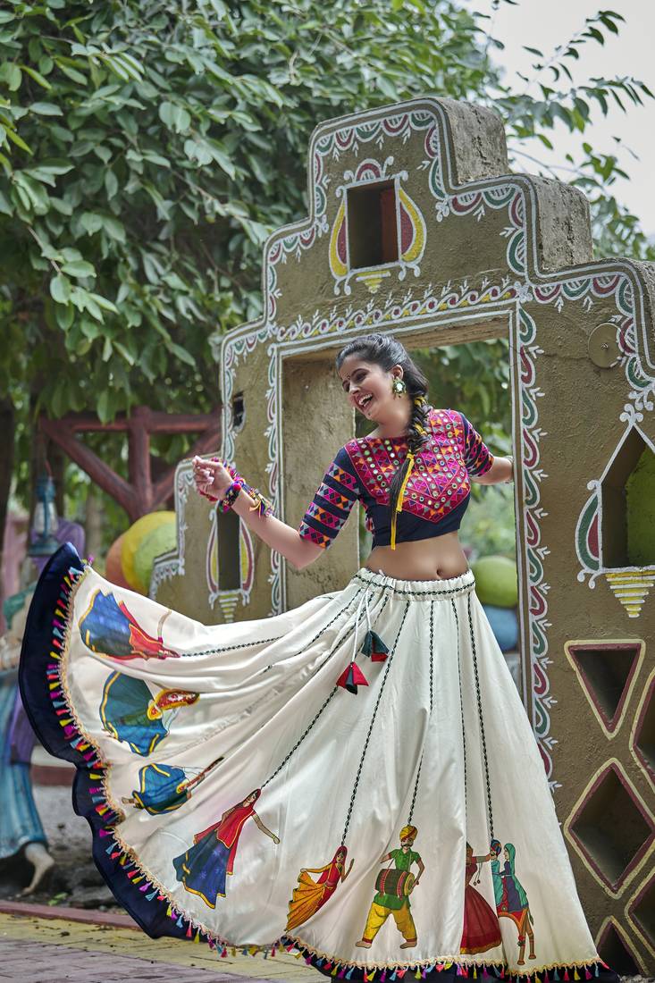 Off White Embroidered Cotton Traditional Navratri Dandiya Raas Garba Festival Function Semi Stitched Lehenga Choli